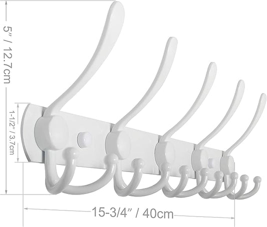WEBI Coat Rack Wall Mount,Coat Hooks Wall Mount,Coat Hanger Wall,Wall Coat Rack,Hook Rack Rail,5 Triple Hooks for Hanging Coats,Jacket,Clothes,White,2 Packs
