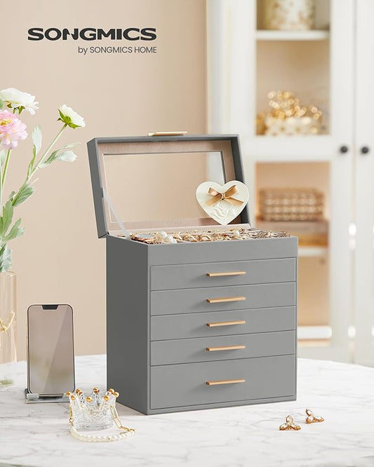 SONGMICS Jewelry Box Organizer with Glass Lid, 6-Layer Jewelry Storage, with 5 Drawers, Modern Style, 6.4 x 9.9 x 11.4 Inches, Dove Gray and Gold Color UJBC171G01