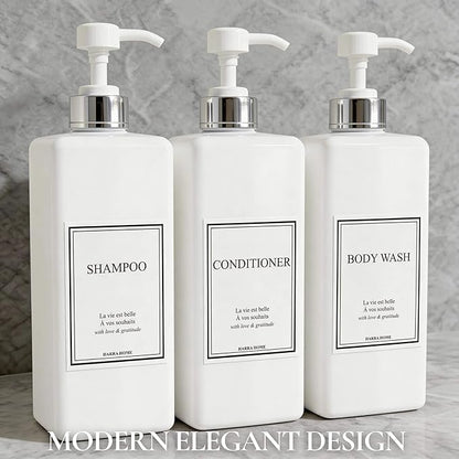 Shampoo and Conditioner Dispenser - Modern Design Large 27oz Shower Soap Dispenser Set of 3, Refillable Empty Plastic Pump Bottles for Bathroom, 6 Waterproof Labels Included, White & Silver