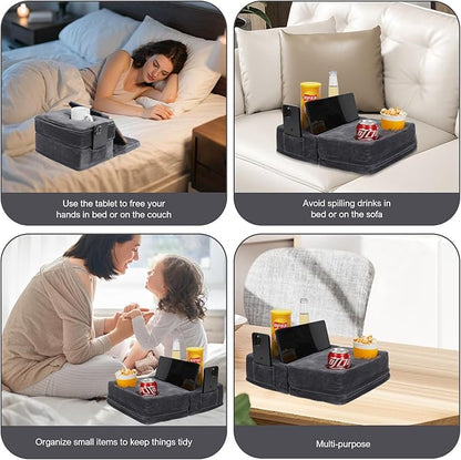 Couch Cup Holder Tray Pillow, Large Sofa Organizer Caddy with 6 Holes and Side Pocket Bed Refreshment Tray for iPad, Drinks, Remotes, Phones, Snacks, Removable & Washable (Grey)