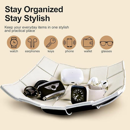 MSJGA Valet Tray for Men and Women PU Leather Key Holder Bowl for Entryway Table Bedside Nightstand Desk Catchall Organizer Tray for Wallet, Watch, Key, Phone Men's Gift - 9.8" L x 9.8" W x 2" H