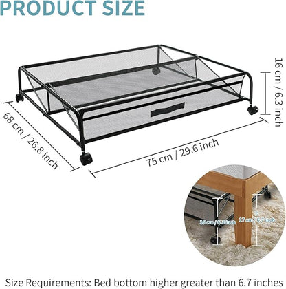 XSCQ Under Bed Shoe Storage with Wheels, Space Saving Shoe Organizer with Sturdy Metal Frame & Breathable Mesh, Suitable Under the Bed, Sofa and Desk, 2 Packs