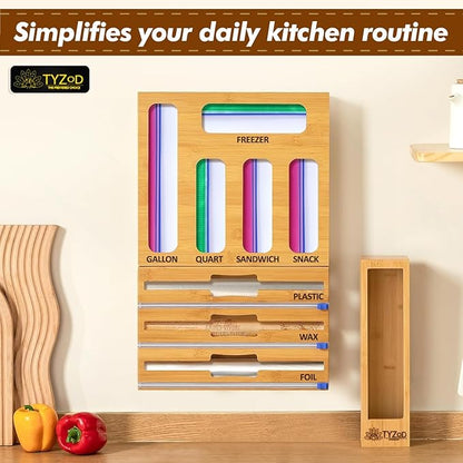 9-in-1 Bamboo Storage Bag Organizer with Cutter, Kitchen Drawer & Wall Mount Storage for Foil, Plastic Wrap, Gallon, Quart, Sandwich, Snack & Freezer Bags, Fits Rolls ≤12” Long, ≤2” Diameter