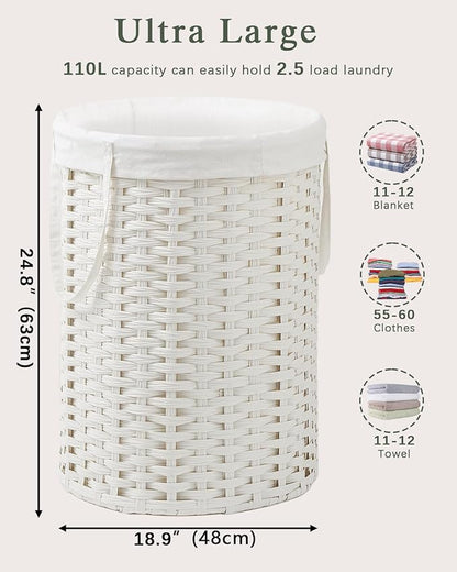 Laundry Basket Round Rattan Laundry Hamper 29.1 Gal(110 L) Handwoven Large Wicker Basket with Handles, Wicker Hamper with Removable Bags and 2 Mesh Bags for Bathroom Living Room White(No Lid)