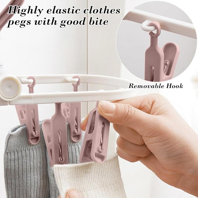 Portable Foldable Clothes Drying Rack, 20 Rotating Clips, Multi-Purpose Laundry Hanger for Underwear, Socks, Indoor/Outdoor Use, Compact, Lightweight, Convenient for Travel and Dorms (Pink)