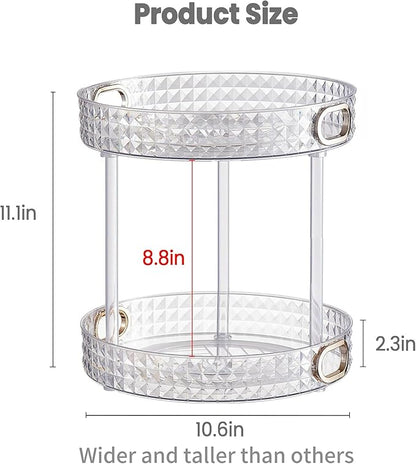 HsaExtriva 360 Rotating Makeup Organizer for Vanity, 2 Tier Diamond Patterned Perfume Organizer for Women, Large Capacity Skincare Lotion Cosmetic Storage Dresser Bathroom Countertop Lazy Susan, Clear