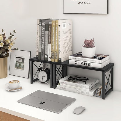 ELITEROO Wood Desktop Shelf, Freestanding Small Bookshelf Dorm Supplies Organizers, 2 Tier Independent Stackable Desk Stand, Adjustable Storage Organizer, Kitchen Counter Display Rack, Black