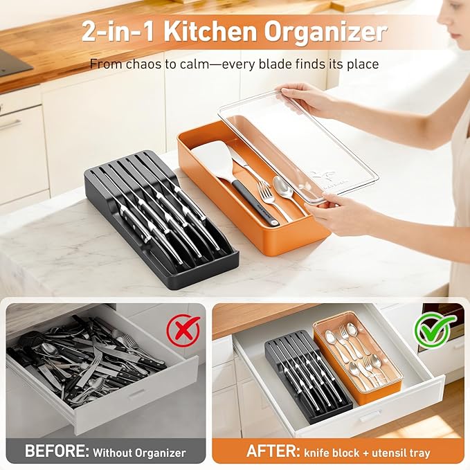 MAD SHARK 2-in-1 Detachable Knife Block & Silverware Organizer, Drawer Knife Holder for 7 Knives, BPA-Free, Blade-Safe Slots, Save Counter Space, Kitchen Drawer or Counter Storage, No Knives
