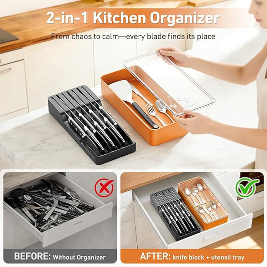 MAD SHARK 2-in-1 Detachable Knife Block & Silverware Organizer, Drawer Knife Holder for 7 Knives, BPA-Free, Blade-Safe Slots, Save Counter Space, Kitchen Drawer or Counter Storage, No Knives