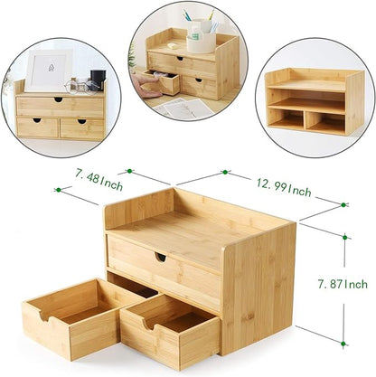Wisuce Bamboo Desk Organizer, Mini Desktop Drawer Tabletop Storage Organization Box for Office Home Toiletries Supplies Vanity, No Assembly Required (3 Drawer with Shelf)