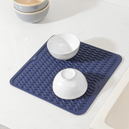 Silicone Dish Drying Mat for Multiple Usage,Easy clean,Eco-friendly,Heat-resistant Silicone Mat for Kitchen Counter or Sink,Refrigerator or Drawer liner Navy Blue M 12 inches x 12 inches