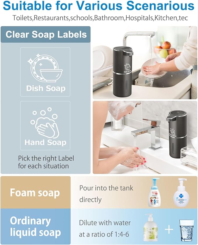 Gotofine Automatic Foaming Soap Dispenser,4-Level Adjustable Foam, Wall Mount, USB Rechargeable,12.8oz/ 380ml,Touchless Hand & Dish Soap Dispenser for Bathroom, Kitchen,Hotel, Restaurant