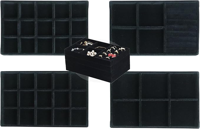 Set of 4 Stackable Jewelry Trays Organizer, Velvet Earring Organizer, Jewelry Organizer Showcase Display Drawer Organizer Storage, Earring Holder Necklace Bracelet Ring Accessary Organizers (Black)
