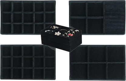 Set of 4 Stackable Jewelry Trays Organizer, Velvet Earring Organizer, Jewelry Organizer Showcase Display Drawer Organizer Storage, Earring Holder Necklace Bracelet Ring Accessary Organizers (Black)
