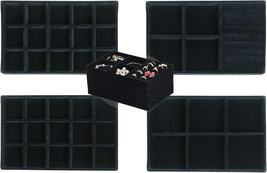Set of 4 Stackable Jewelry Trays Organizer, Velvet Earring Organizer, Jewelry Organizer Showcase Display Drawer Organizer Storage, Earring Holder Necklace Bracelet Ring Accessary Organizers (Black)