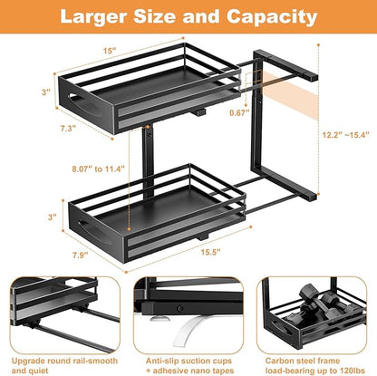 Under Sink Organizer, 2 Tier Under Sink Organizers and Storage, Adjustable Height, Slide out Metal Cabinet Organizers, Pull out Cabinet Storage Drawer Shelf for Kitchen Bathroom
