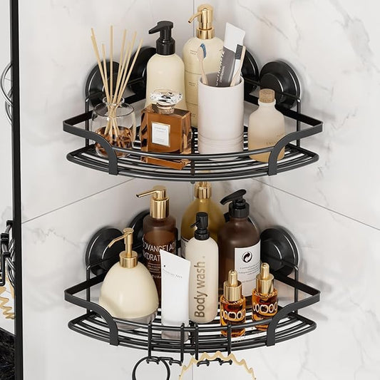 TAILI Powerful Suction Cup Corner Shower Caddy 2 Pack, Stainless Steel Rustproof Shower Shelf with Hook, Drill-free Wall Mounted Basket, Large Capacity Removable Suction Cup Bathroom Organizer, Black