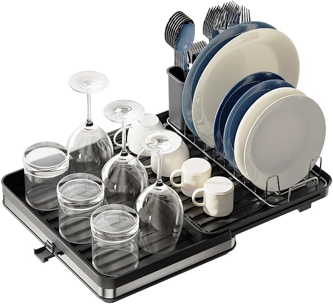 Sineng Expandable Dish Drying Rack,Stainless Steel Foldable Dish Rack with Cutlery Holder,Multifunctional Compact countertop Dish Drainer,Space Saving extendable Big Capacity Dish Holder