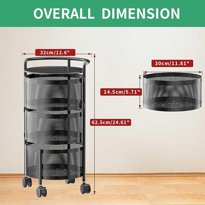 JAQ Rotating Storage Shelves Rack for Kitchen, 3-Tier Multi Layer Removable Basket Shelf Organizer on Rolling Wheels for Fruit Vegetable Grocery Corns Potato Onion (3-Tier, Black)
