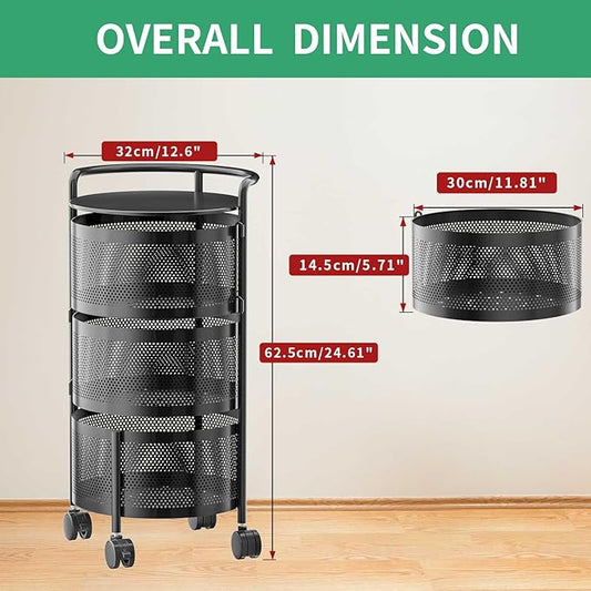 JAQ Rotating Storage Shelves Rack for Kitchen, 3-Tier Multi Layer Removable Basket Shelf Organizer on Rolling Wheels for Fruit Vegetable Grocery Corns Potato Onion (3-Tier, Black)