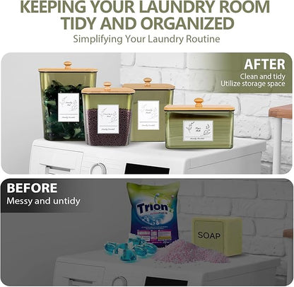 4 Pack Laundry Pods Container & Dryer Sheet Holder, Plastic Pod Holder with Lids & Scoops, Laundry Room Organization and Storage Sets for Powder, Detergent, Scent Booster