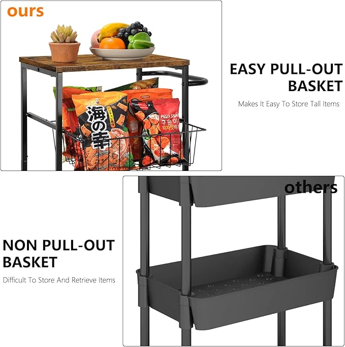 CADUKE Bar Cart with Handle, Serving Cart with Pull-Out Mesh Baskets, Utility Cart on Wheels for Kitchen, Dining Room, Living Room