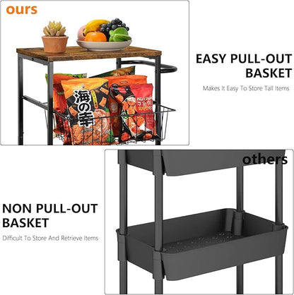 CADUKE Bar Cart with Handle, Serving Cart with Pull-Out Mesh Baskets, Utility Cart on Wheels for Kitchen, Dining Room, Living Room