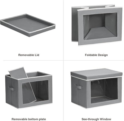 Large Storage Bins with Lids - Fabric Storage Cubes with Window, Collapsible Bins for Clothes, 15.7 Inch Large Baskets for Bedroom, Dorm, Office, Grey, 6 Pack