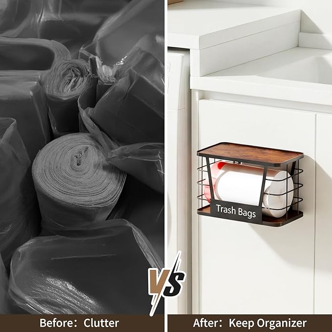 Three colors 2 Pack Trash Bag Holder, Stackable Trash Bag Dispenser with Rustic Wood, Garbage Bag Dispenser Under Sink Organizer for Kitchen Laundry, Adhesive Wall Mount or Countertop