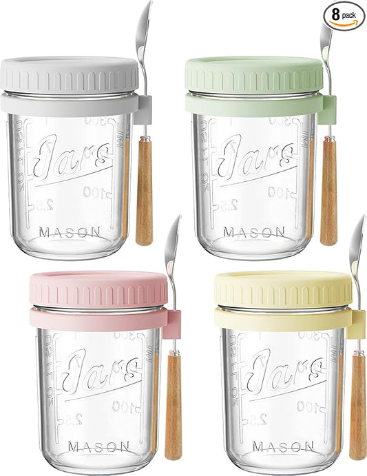 16oz Overnight Oats Containers with Lids and Spoons, 4 Pack Wide Mouth Mason Jars with Airtight Lids, Overnight Oats Jars for Salad, Chia Seed, Cereal, Yogurt