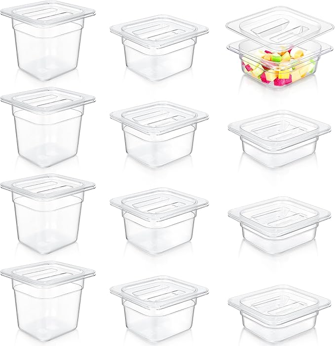 Tioncy 12 Pcs Clear Food Pans with Lids Salad Bar Containers Plastic Pan Salad Bar Containers Commercial Food Storage Transparent Hotel Pans for Vegetables Fruits Beans Corns 2.5'' 4'' 6'' Deep