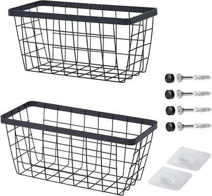 LIGHT DUST Wall Hanging Baskets - 2 Black Baskets Set Wire Basket Metal Organizer Bins for Kitchen Pantry Cabinet Bathroom Shower Door RV [Included Adhesive Hooks & Wall Mounted Screws]