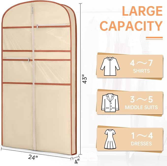 43" Garment Bag for Travel for Hanging Clothes Storage Hanging Suit Cover with Zipper and Accessory Storage for Coats, Dresses, Suits