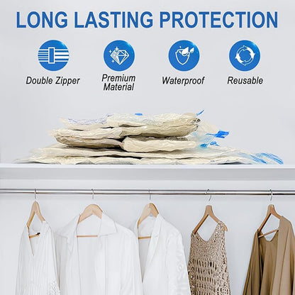 Fygrip 16 Combo Vacuum Storage Bags with Hand Pump, 4 Jumbo + 4 Large + 4 Medium + 4 Small Plastic Packaging Bags, 80% Space Saver Vacuum Seal Bags for Clothing, Travel Lugggage, Blankets, Comforters