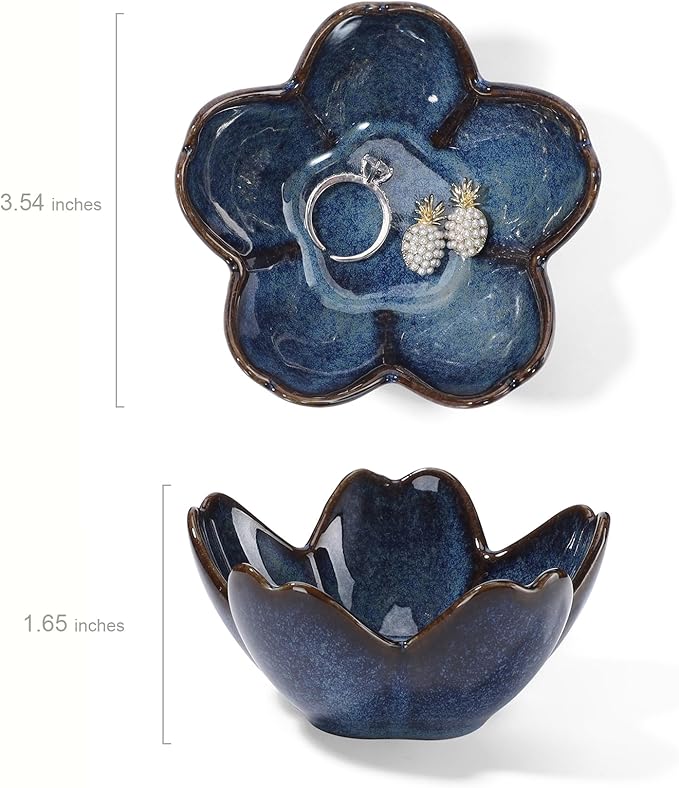 YZMICSTAR Flower Ring Dish Holder,Jewelry Dish Tray,Small Trinket Tray,Jewelry Plate Bowl,Key Bowl,Decorative Plate,Birtdhay Christmas Gifts for Women Friends,Ceramic Kiln effect Blue
