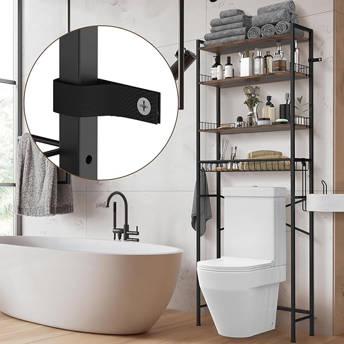 CooFel Over The Toilet Storage Rack, 4-Tier Bathroom Organizer Shelf with Paper Holder & 4 Hooks, Adjustable Metal Shelves Over Toilet for Small Spaces, Brown