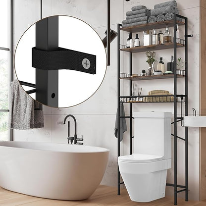 CooFel Over The Toilet Storage Rack, 4-Tier Bathroom Organizer Shelf with Paper Holder & 4 Hooks, Adjustable Metal Shelves Over Toilet for Small Spaces, Brown