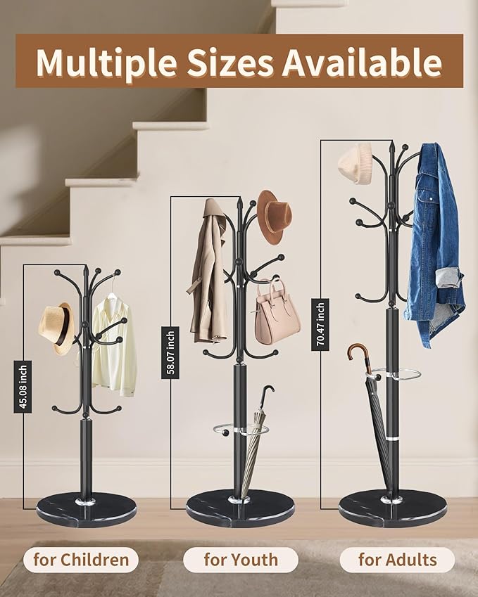 Modern Coat Rack Stand, Metal Freestanding Coat Rack with Natural Marble Base, Heavy-Duty Coat Racks with Umbrella Holder,Black Coat Hanger Stand with 12 Hooks for Office, Entryway, Hallway