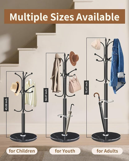 Modern Coat Rack Stand, Metal Freestanding Coat Rack with Natural Marble Base, Heavy-Duty Coat Racks with Umbrella Holder,Black Coat Hanger Stand with 12 Hooks for Office, Entryway, Hallway