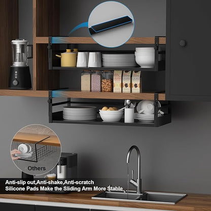 2Pack Under Shelf Basket Organizer, Adjustable Under Cabinet Shelf Storage, Hanging Holder Length Stretchable 13-21Inch for Kitchen Pantry Desk Counter Bookshelf Cupboard (Black)