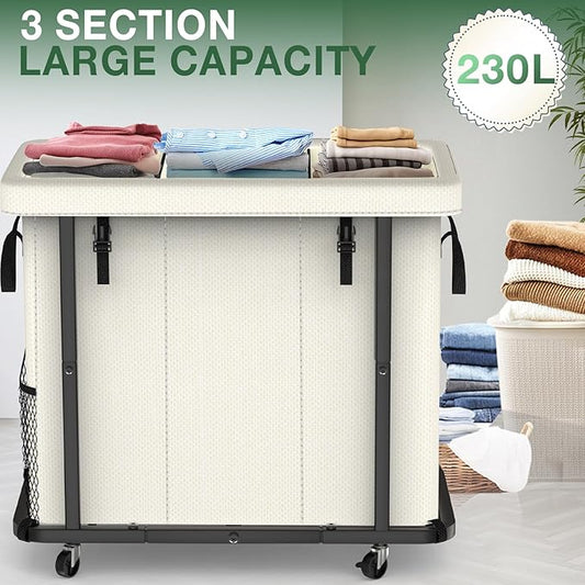 60 Gal(230L) High Grade Large Laundry Basket with Wheels, Rolling Laundry Hamper, Laundry Cart with Metal Frame and Removable Bag Design, Suitable for Laundry Room,Bedroom (White, 3 Section 230L)