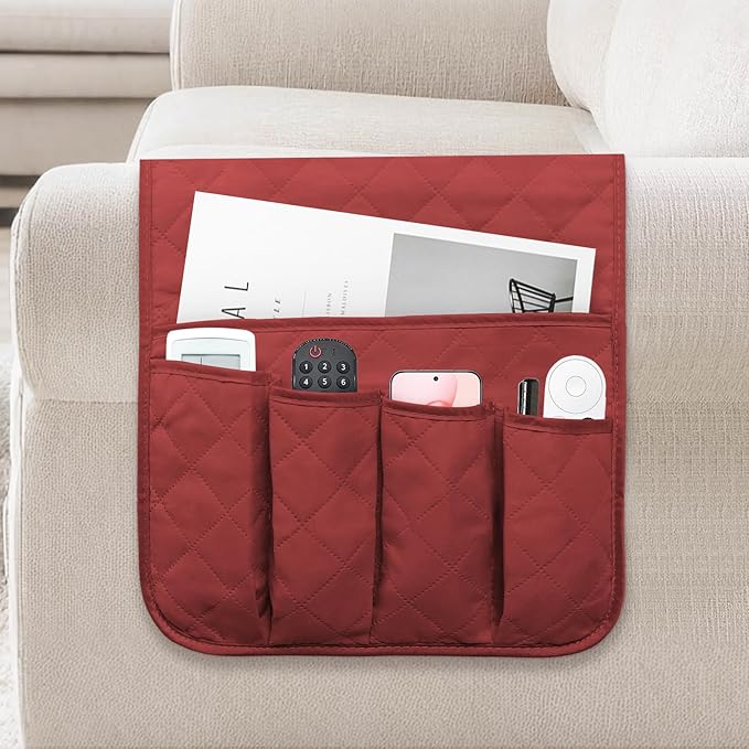 AUVCAS Sofa Armrest Organizer Non-Slip Arm Chair Bedside Caddy Storage Organizer for Recliner Couch with 5 Pockets for Cell Phone TV Remote Control Magazines (RED)