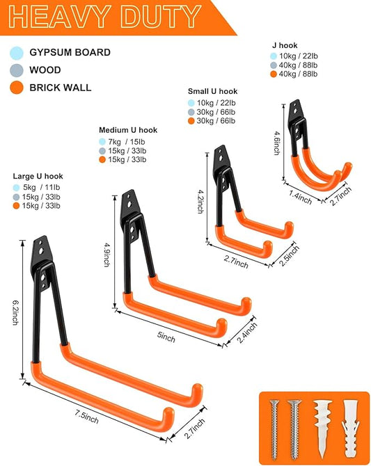 QcoQce 12 Pack Garage Hooks Heavy Duty, Utility Wall Mount Hooks for Hanging Bike, Ladder, Hose, with Extension Cord Straps and Anti-Slip Coating, Garage Organization, Includes Screws (Orange)