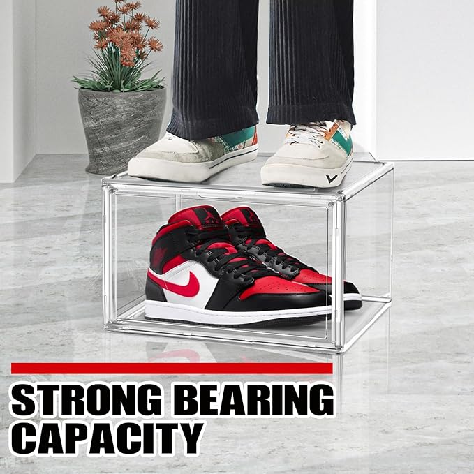 EZJOB 4 Pack Clear Shoe Storage Boxes Stackable Shoes Organizer Acylic Boots Sneaker Display Case with Magnetic Lid,Size14