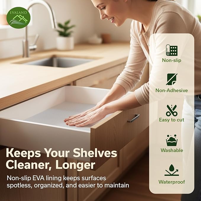 EVALAND Shelf Liners for Kitchen Cabinets Non-Adhesive 17.7" x 33 FT Clear Drawer Liner Non Slip, Washable Cabinet Liner, Waterproof Shelf Liners for Cabinets, Refrigerator Bathroom Pantry Cabinet Mat