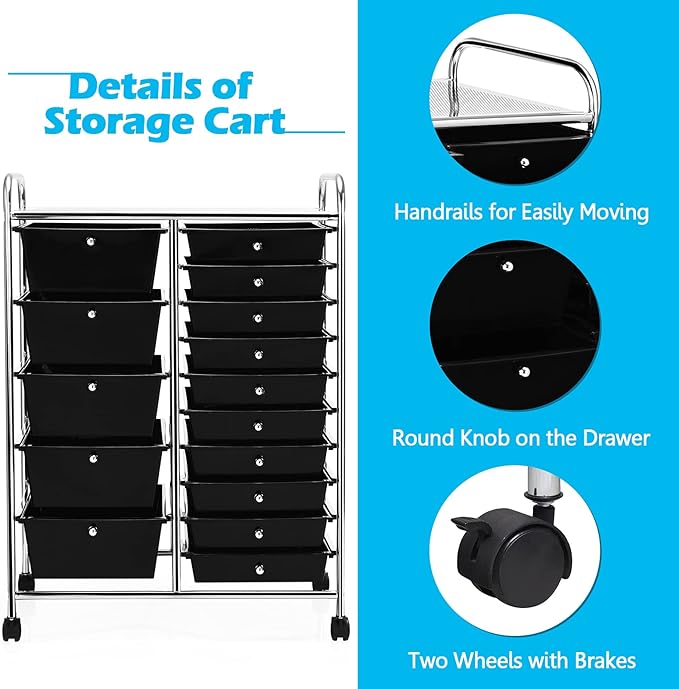 KOTEK 15-Drawer Rolling Storage Cart, Multipurpose Mobile Utility Cart with 4 Wheels, Home Office School Tools Scrapbook Paper Organizer (Black)