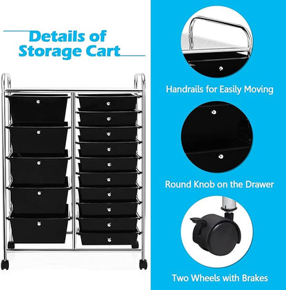 KOTEK 15-Drawer Rolling Storage Cart, Multipurpose Mobile Utility Cart with 4 Wheels, Home Office School Tools Scrapbook Paper Organizer (Black)