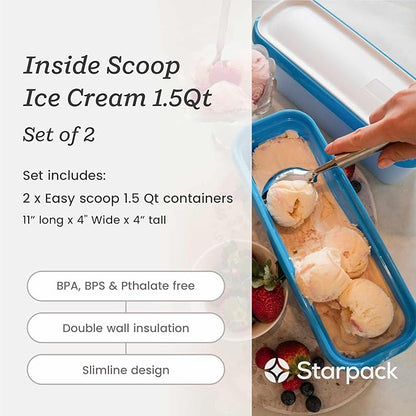 Starpack 'Inside Scoop' Ice-Cream Storage Container for Freezer (2 Pcs) - 1.5 Quart Ice Cream Containers for Homemade Ice Creams - Reusable Dessert Containers with Lids - Leak-Free Lids (Silicone)