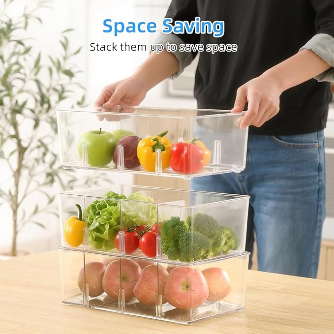 4 Pack Pantry Organizers,Clear Plastic Organizer Bins for Kitchen,Fridge,Drawer Organization and Storage, 4 compartment Snack Containers for Spice Packets,Tea bag