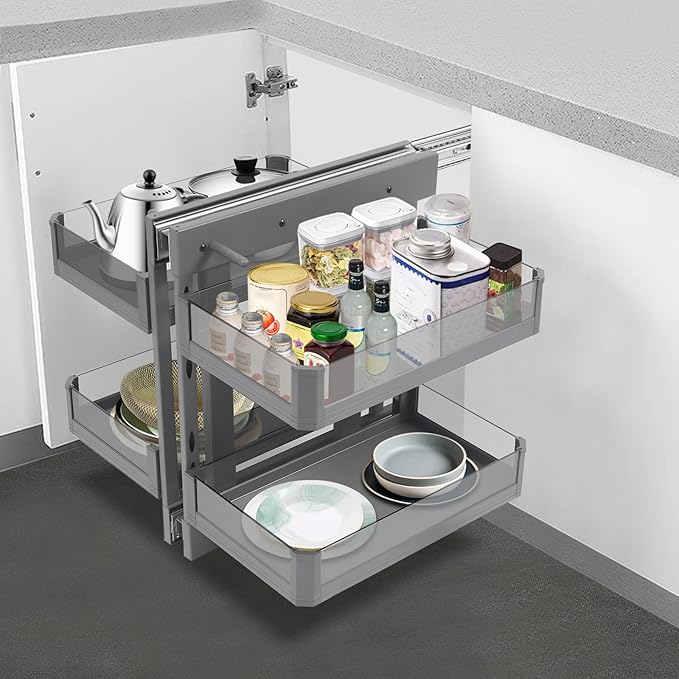 QIANMOON Kitchen Corner Cabinet Pull Out, Magic Corner Pull Out Open, 2 Tiers Swing Tray, Blind Corner Soft Close, for Place Pots and Pans, Containers, Spice Jars
